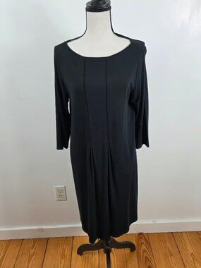 J. Jill Wearever Black Knit Dress 3/4 Sleeve Pleated Front Scoop Neck Womens M